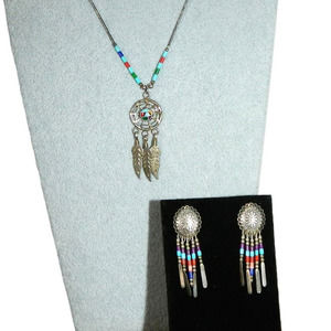 Navajo Pierced Earrings Necklace Set Sterling Silver Turquoise Vintage